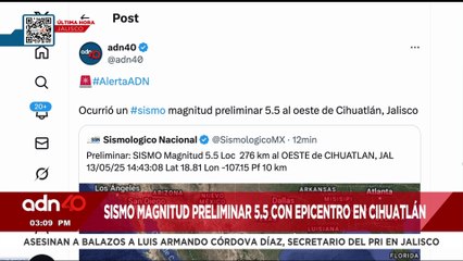 🚨¡Última Hora! Ocurrió un sismo magnitud preliminar 5.5 al oeste de Cihuatlán, Jalisco