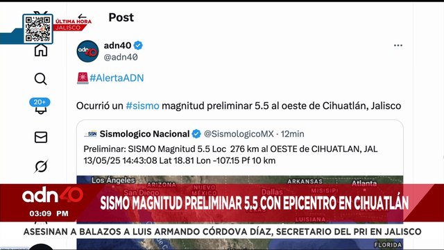 🚨¡Última Hora! Ocurrió un sismo magnitud preliminar 5.5 al oeste de Cihuatlán, Jalisco