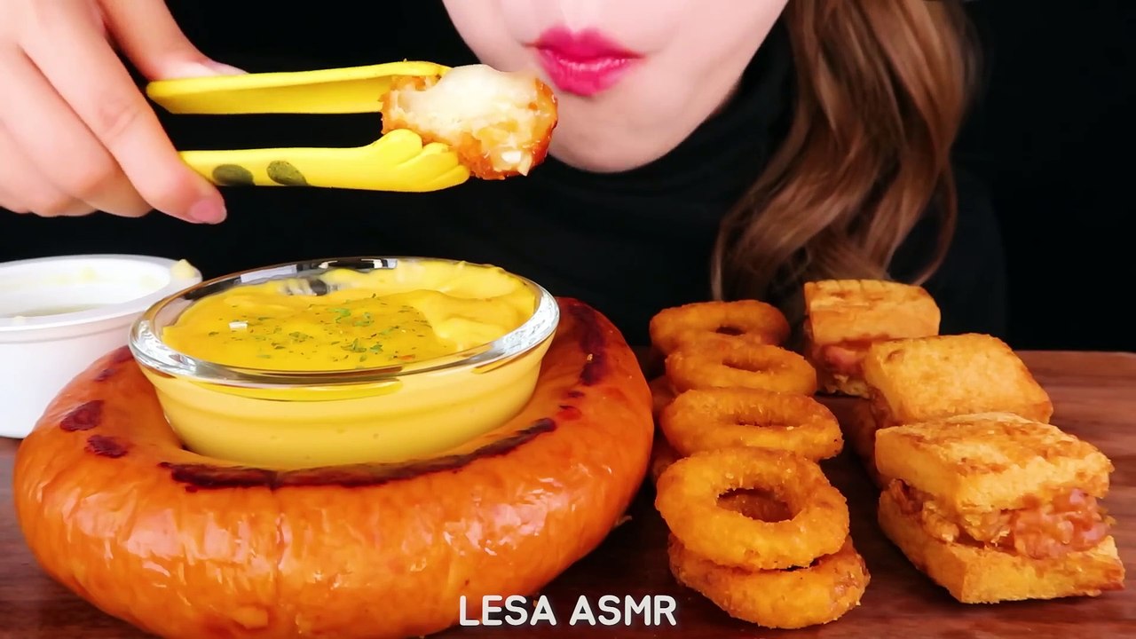 ASMR CRUNCHY KIELBASA SAUSAGE, CHEESE CHICKEN, ONION RING, FRIED SHRIMP TOAST EATING SOUNDS MUKBANG