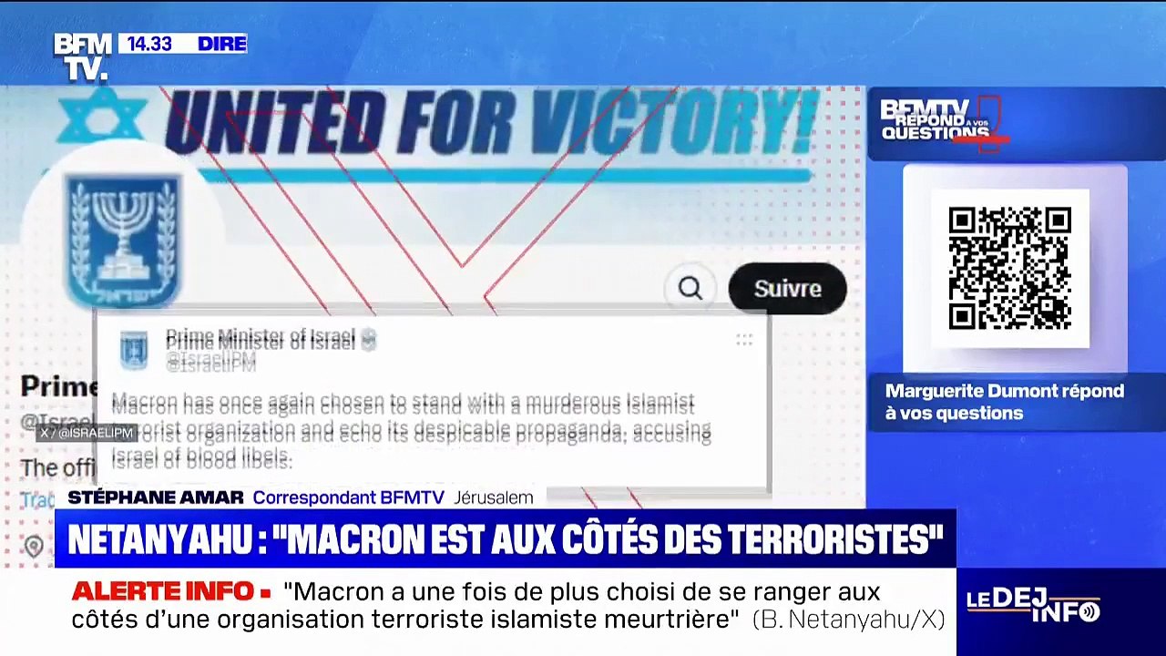 Le Premier ministre israélien Benjamin Netanyahu accuse le président français Emmanuel Macron de "relayer la propagande ignoble" du Hamas