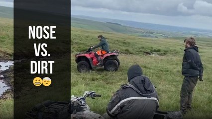 Rider falls face-first into quad and breaks nose while crossing muddy ditch