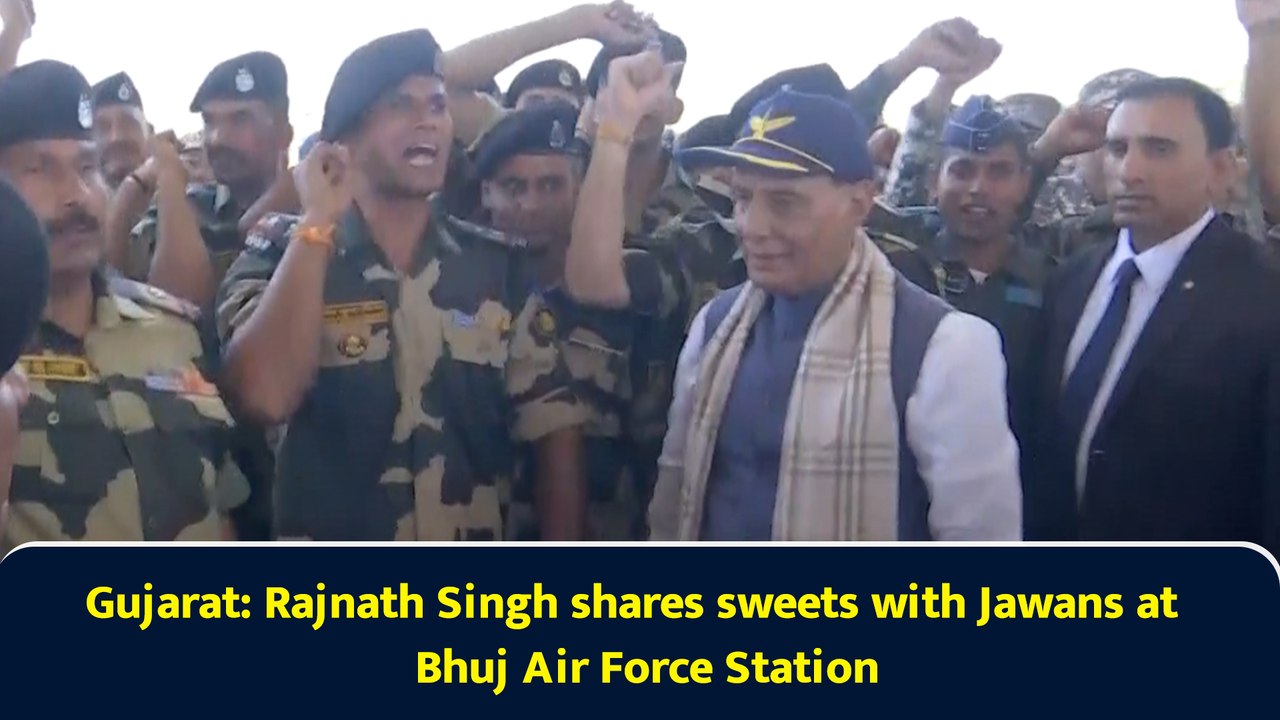 Gujarat: Rajnath Singh shares sweets with Jawans at Bhuj Air Force Station