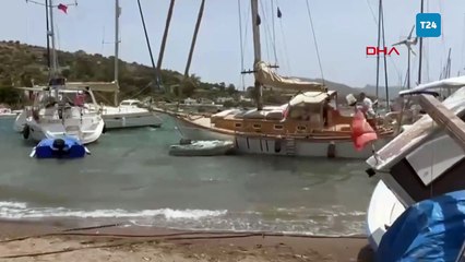 Bodrum'da fırtına; 10 tekne karaya oturdu