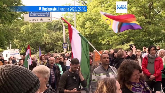 Manifestantes em Budapeste protestam contra a “Lei da Transparência” com uma faixa e tinta vermelha
