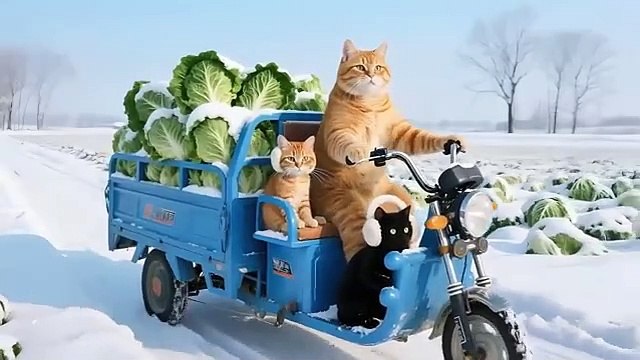 Ginger Cat Mom Harvests Cabbages on Snowy Day, Sells at Market for Money to Buy Colorful Balloons🐾🎈_2