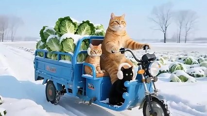 Ginger Cat Mom Harvests Cabbages on Snowy Day, Sells at Market for Money to Buy Colorful Balloons🐾🎈_2