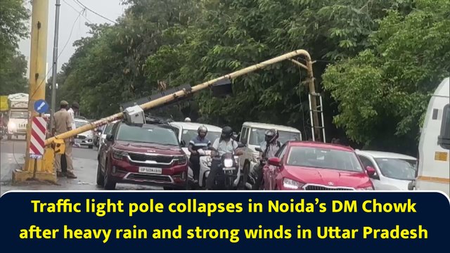 Traffic light pole collapses in Noida’s DM Chowk after heavy rain and strong winds in Uttar Pradesh