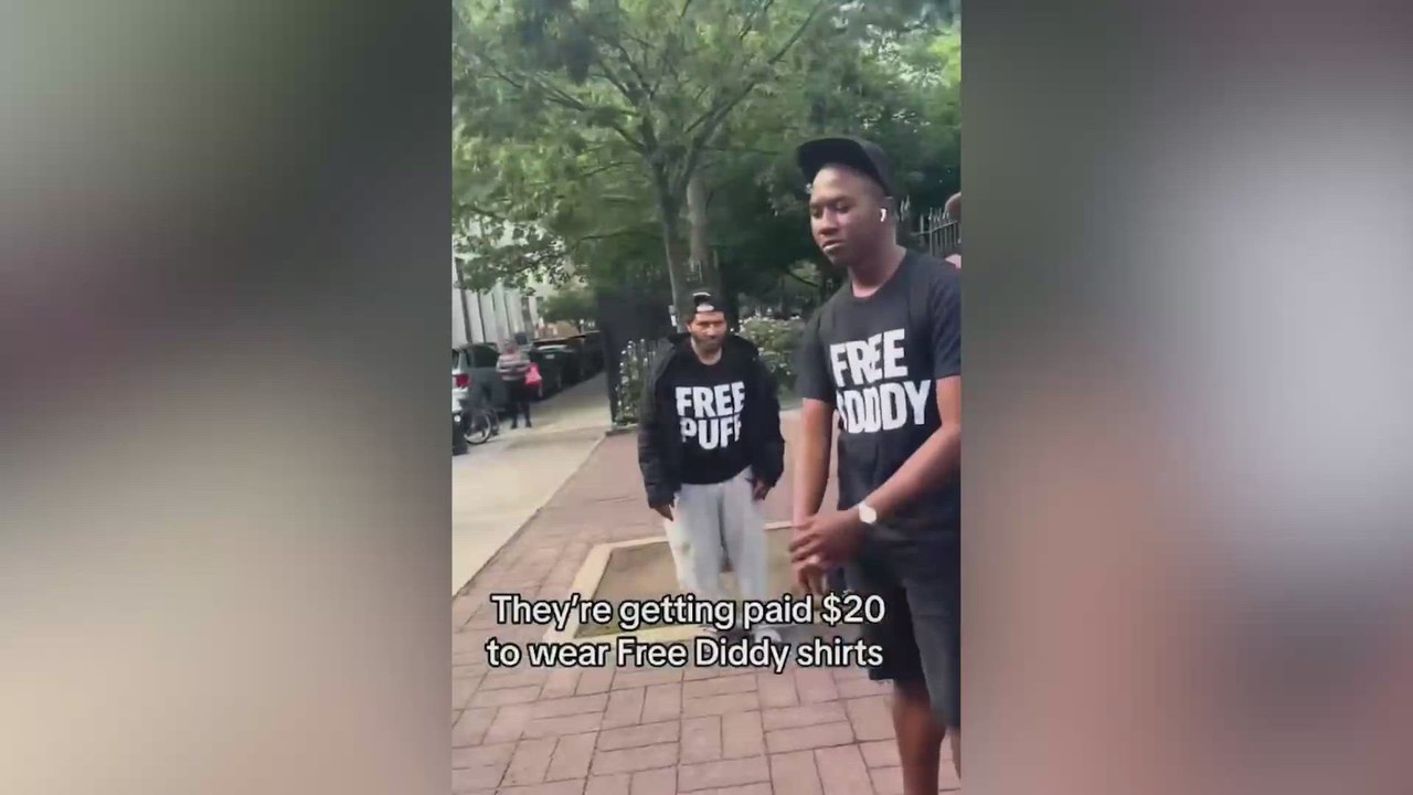 People hired in NYC to stand protesting in “Free Diddy” T-shirts