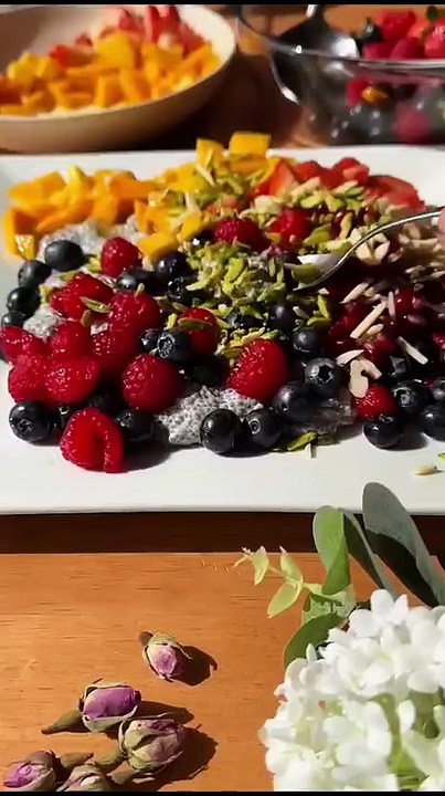 viral chia pudding fruit platter with nuts fruits food healthy recipe chia pudding. / Great ASMR