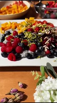 viral chia pudding fruit platter with nuts fruits food healthy recipe chia pudding. / Great ASMR