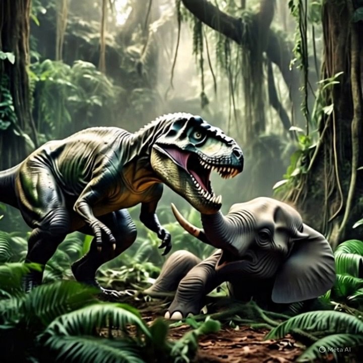 A T-rex takes down an elephant