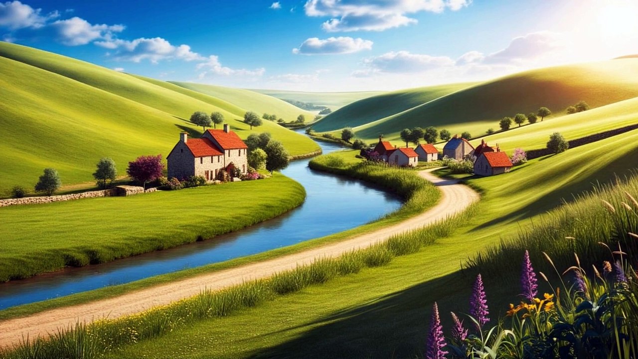 🌿 Countryside View with River & Meadows | Relaxing Music & Peaceful Nature Scene 🎶