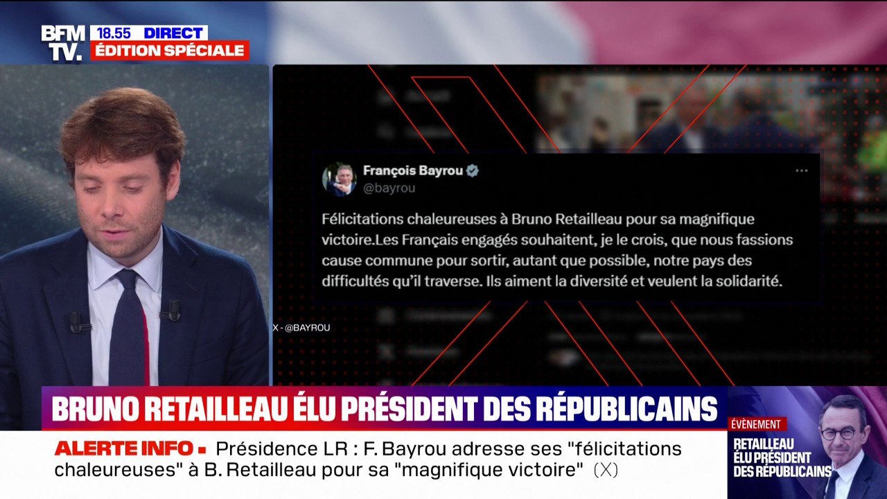 François Bayrou félicite Bruno Retailleau "pour sa magnifique victoire" à la présidence des Républicains