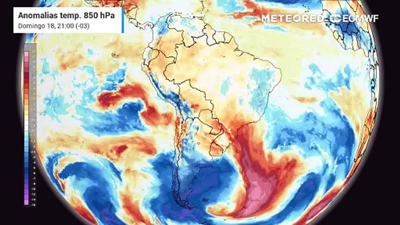 Domingo, 18 de maio: anomalia de temperaturas em 850 hPa (massas de ar)