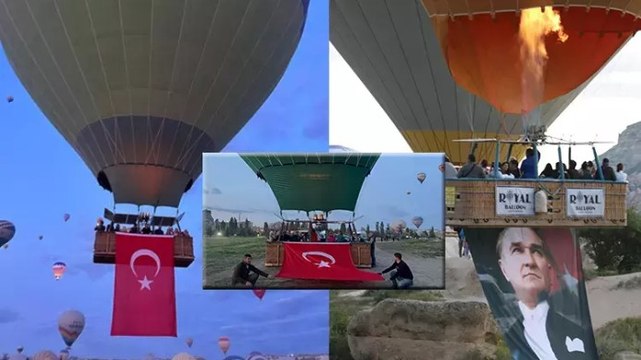 Kapadokya’da balonlar, 19 Mayıs’ta Türk bayrakları ve Atatürk posterleriyle havalandı