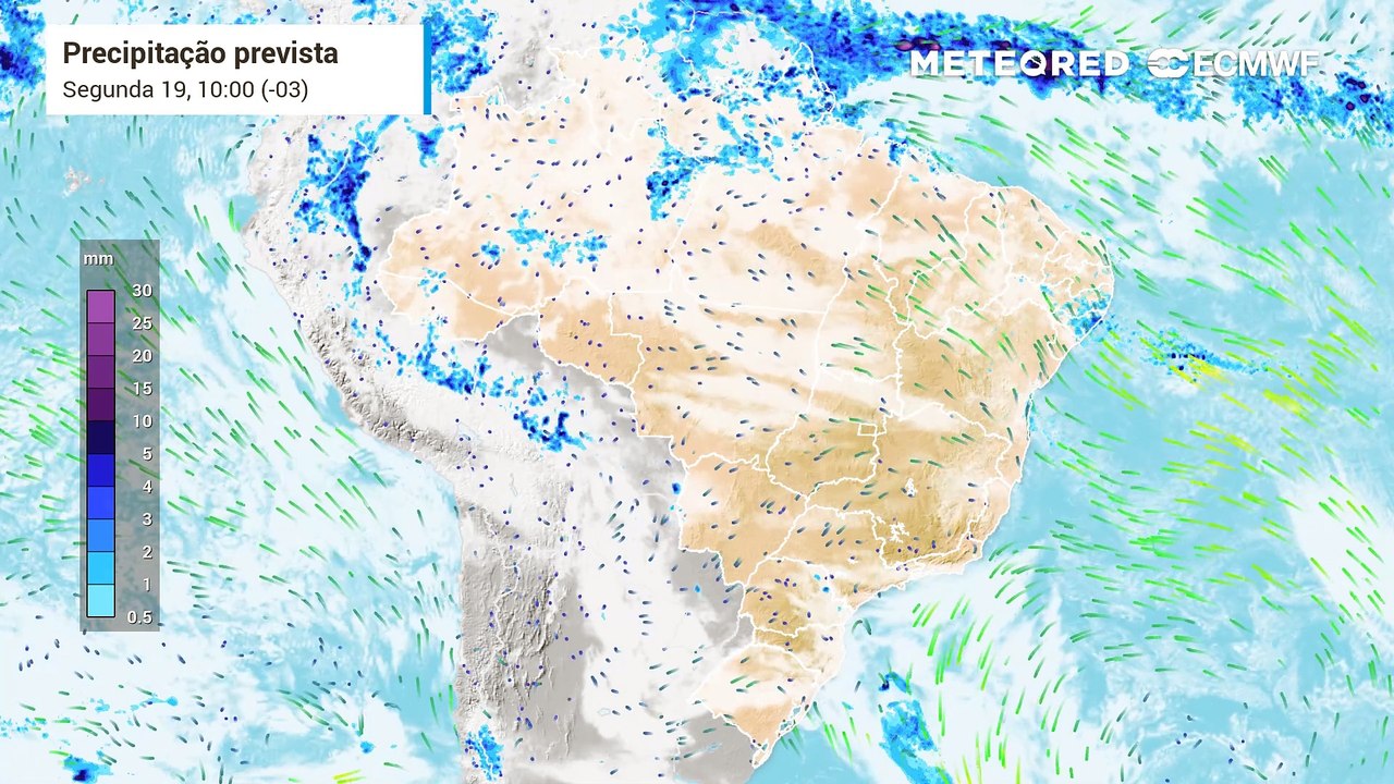 Segunda-feira, 19 de maio: Previsão de nebulosidade e de chuva sobre o Brasil mostra o avanço de duas frentes frias sobre a Região Sul