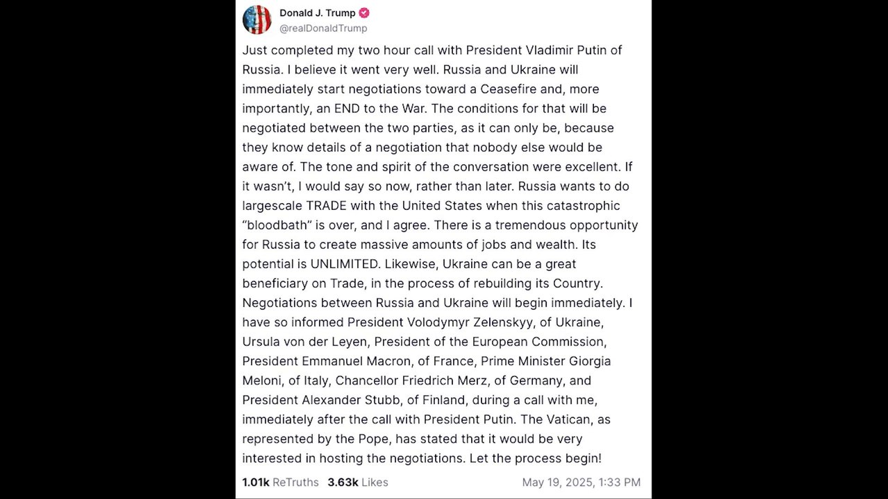 Breaking: Trump Claims Russia and Ukraine to Begin Peace Talks Now