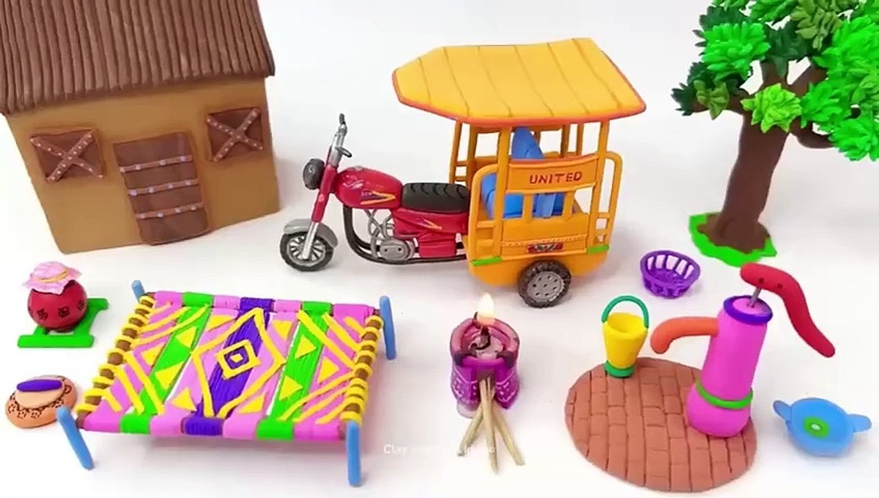 DIY How to make polymer clay miniature house,Rikshaw, Kitchen set, Hand Pump Tree, Charpai -Village