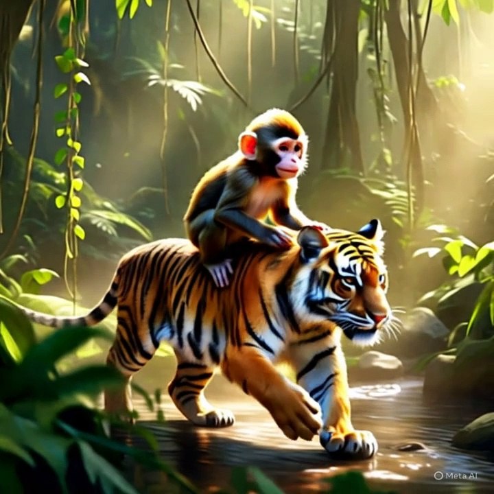 A cute monkey riding a Tiger