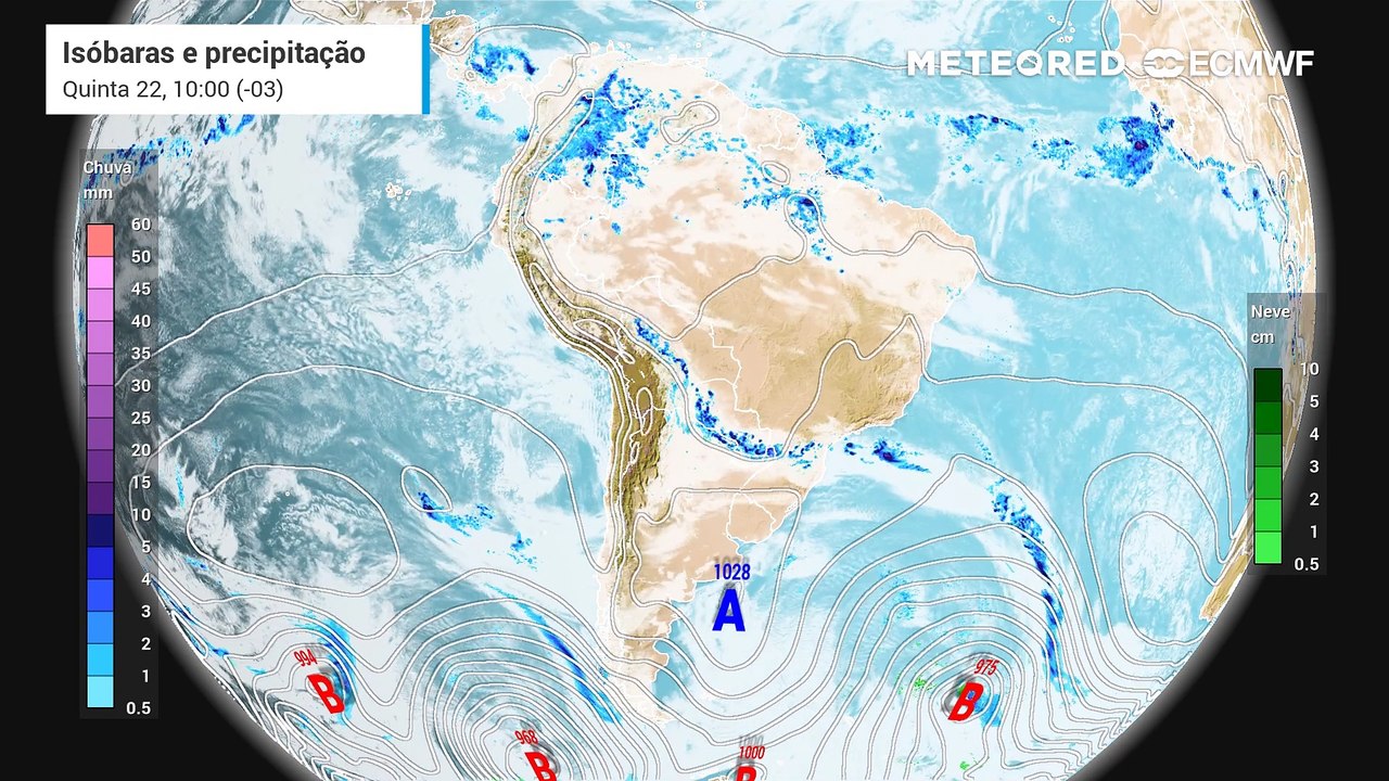 Previsão de nebulosidade, pressão e chuva até sábado (24).