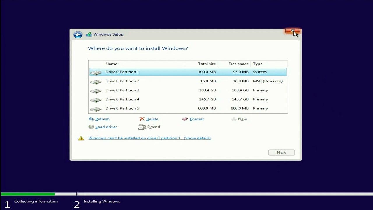 windows cannot be installed on drive 0 partition 1