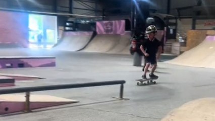 6 y/o skateboarder lands cool tricks with ease and shows signs of future greatness