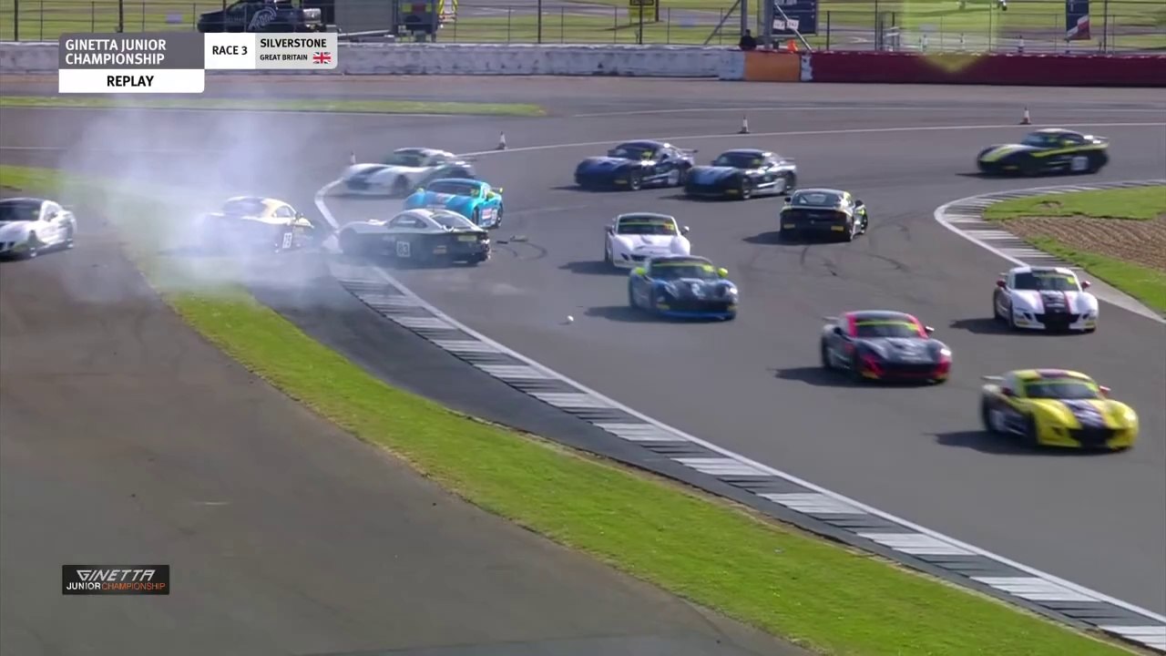 Ginetta Junior Championship 2025 Silverstone Race 3 Start Big Crash