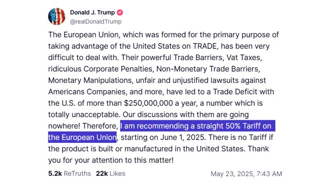 트럼프 6월부터 유럽연합에 50% 관세 부과 제안 / YTN