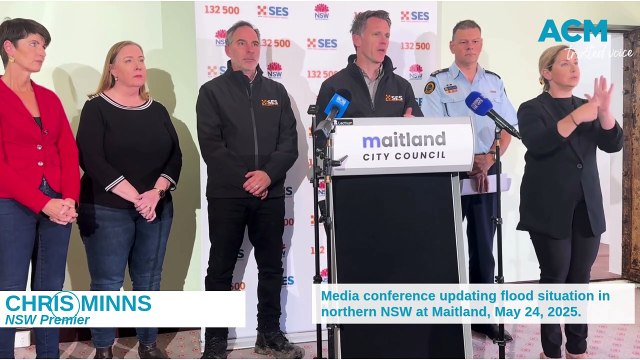 Premier Chris Minns addresses the media at Maitland on Saturday, May 24.