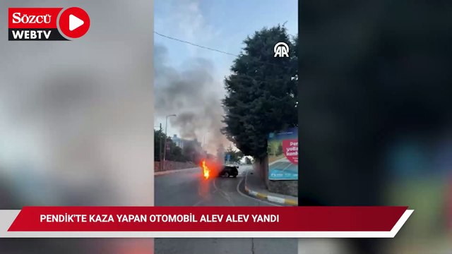 Pendik'te kaza yapan otomobil alev topuna dönmüş