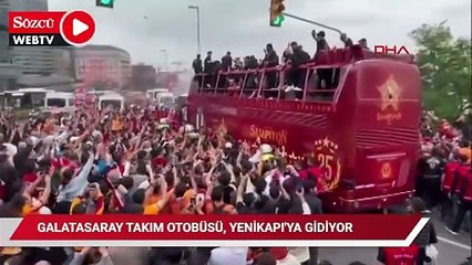 Galatasaray takım otobüsü Yenikapı'ya hareket etti, taraftarlar eşlik ediyor