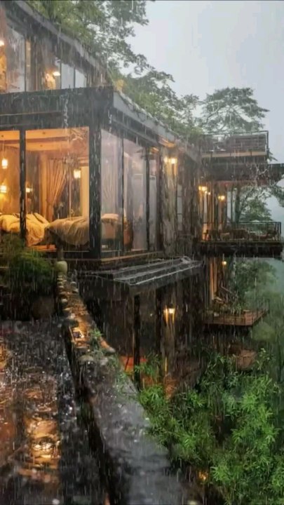 Multi-Level Glass Resort Nestled in Lush Tropics, Surrounded by Rain, Greenery, Warm Interiors, and Serene Natural Beauty.#cozychic#bedroomoasis#peacefulretreat#follow