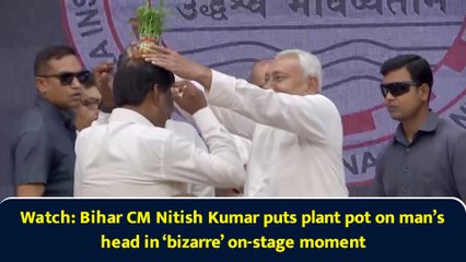 Watch: Bihar CM Nitish Kumar puts plant pot on man’s head in ‘bizarre’ on-stage moment