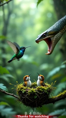 A sparrow caught a snake in its mouth.