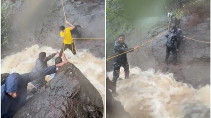 Watch: Firefighters use ropes to rescue 5 stuck at Navi Mumbai waterfall
