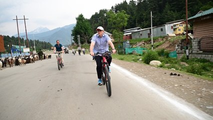 Watch: Omar Abdullah cycles in Pahalgam in push for tourism revival