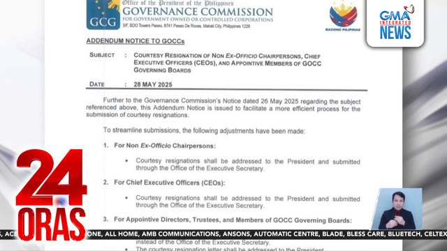 Non ex-officio chairpersons, CEOs at appointive members ng GOCC governing boards, pinasusumite ng courtesy resignation | 24 Oras