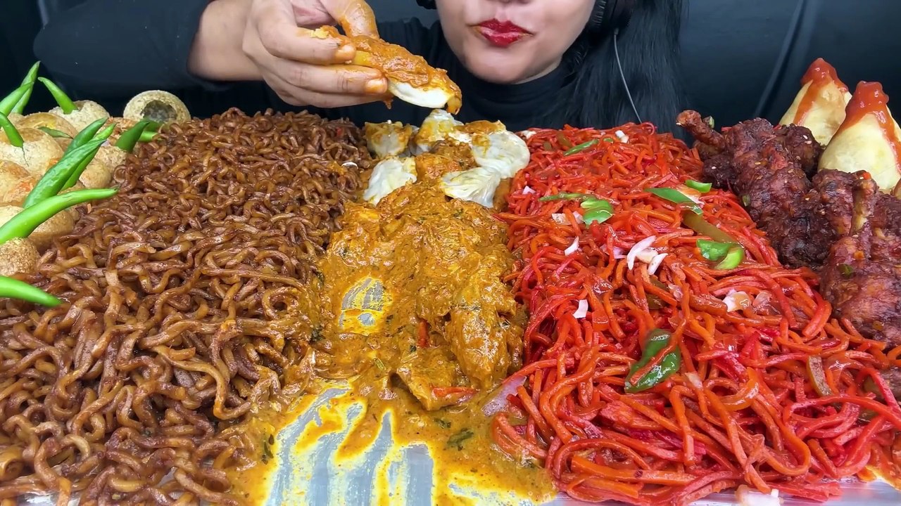 ASMR EATING STREET FOOD MALAI ROLL BUTTER CHICKEN MOMO,PANIPURI,SPICY NOODLES,BLACKBEAN NOODLES