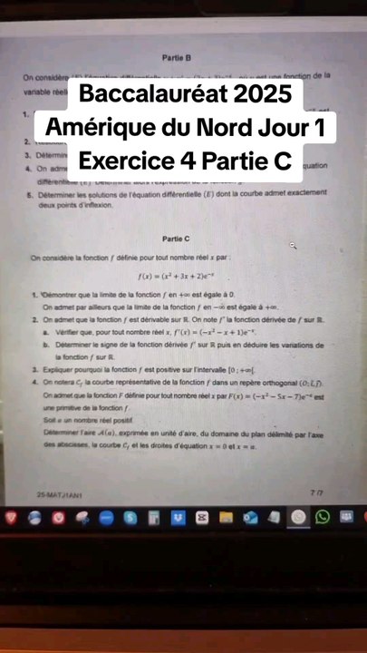 Correction Exercice 4 Partie C Sujet Jour 1 Amérique du Nord.Notions: étude de fonction, limite, intégrale, discriminant, polynôme de degré 2.#fonction #limite #integrales