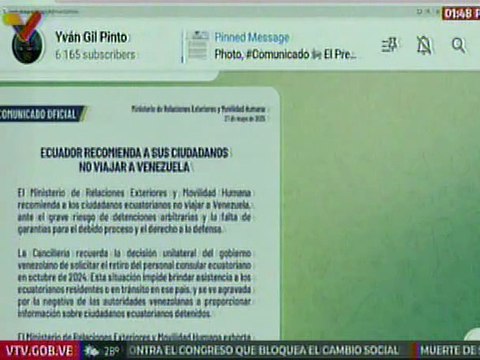 Venezuela rechaza comunicado emitido por Ecuador donde recomienda a sus ciudadanos no viajar al país