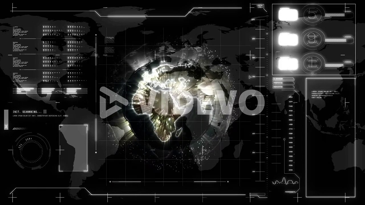 Animation of globe and network of connections and data processing on screen