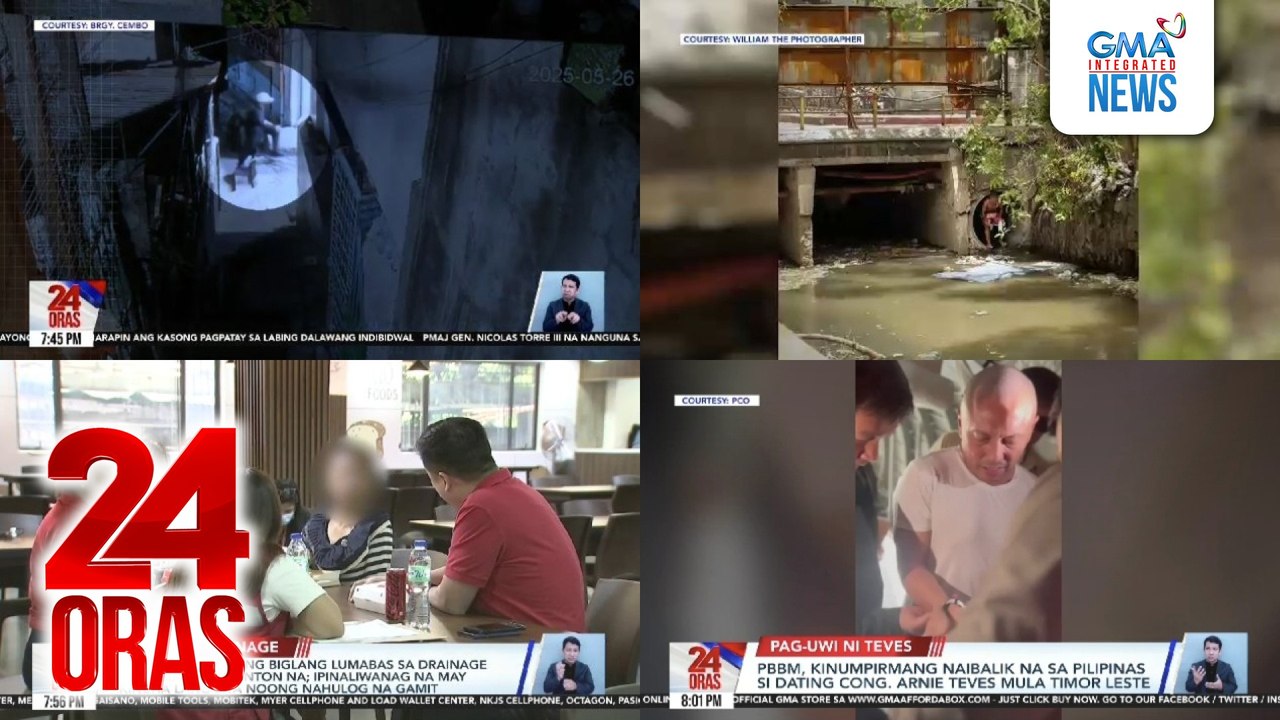 24 Oras: (Part 4) PBBM, kinumpirmang naibalik na sa Pilipinas si ex-Rep. Arnie Teves mula Timor Leste; babaeng nakunang biglang lumabas sa drainage sa kalsada, ipinaliwanag na may kinuha lang siyang nahulog na gamit; lalaking nagse-cellphone,..., atbp.