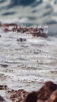 67:29 کہو کہ وہ بڑا رحم کرنے والا ہے، ہم اس پر ایمان لائے اور اسی پر بھروسہ کیا، اور تمہیں معلوم ہو جائے گا کہ صریح گمراہی میں کون ہے۔