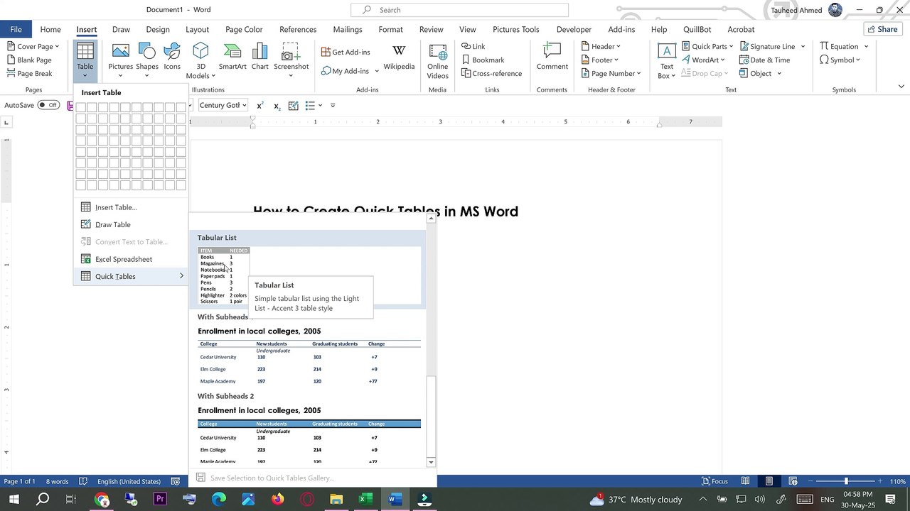 How to Create Quick Tables in MS Word