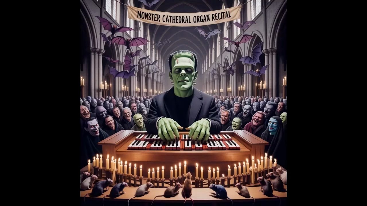 The Frankenstein monster plays a pipe organ concert in the monster cathedral
