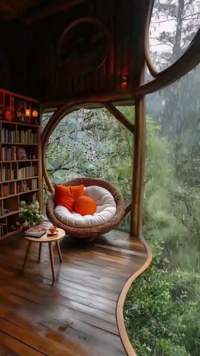 Resort Lounge Reading Nook with Wicker Chair, Forest View, Arched Window, Wooden Accents, and Soothing Rain Ambience.#short#shorts#unwind#escape#tranquility#followforfollowback