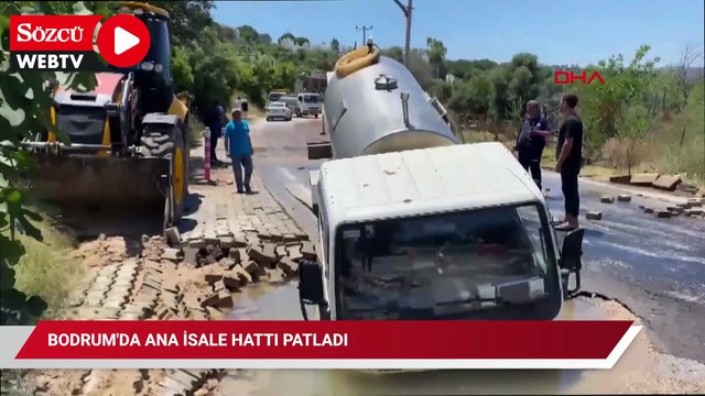 Bodrum'da ana isale hattı patladı, yoldan geçen tanker çukura düştü