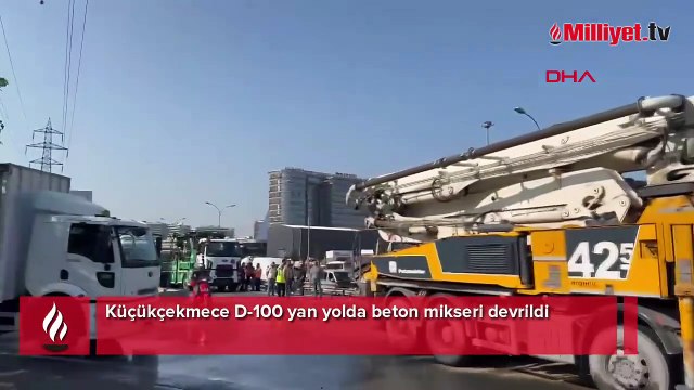 Küçükçekmece D-100 yan yolda beton mikseri devrildi