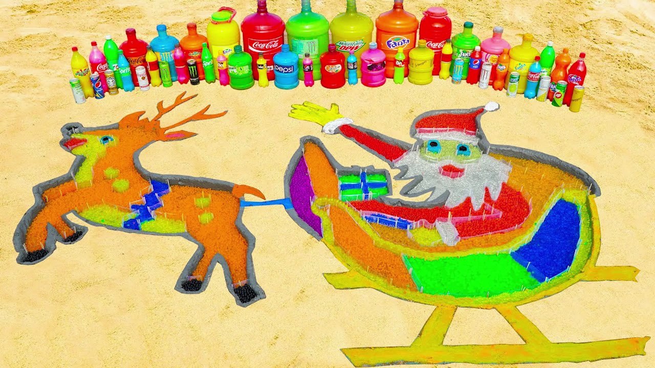 How to make Rainbow Santa on Reindeer Sleigh with Orbeez, Fanta, Coca Cola, Mentos & Popular Sodas