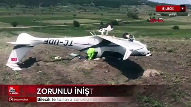 Bilecik’te tarlaya zorunlu iniş yapan eğitim uçağı ters döndü